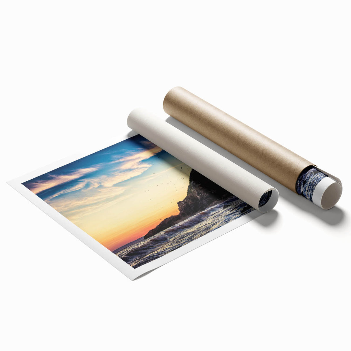 Extra large rolled print of Nova Scotia scenery with floral elements in soft blue and green tones.