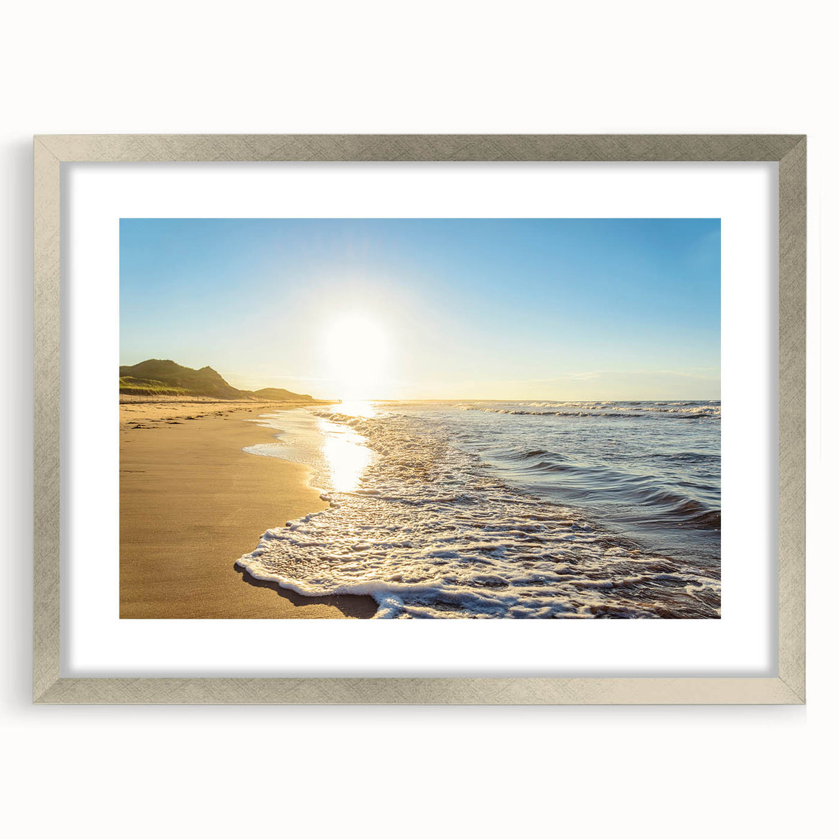 Textured abstract art print of a scenic Prince Edward landscape in muted earth tones, framed with a silver mat.