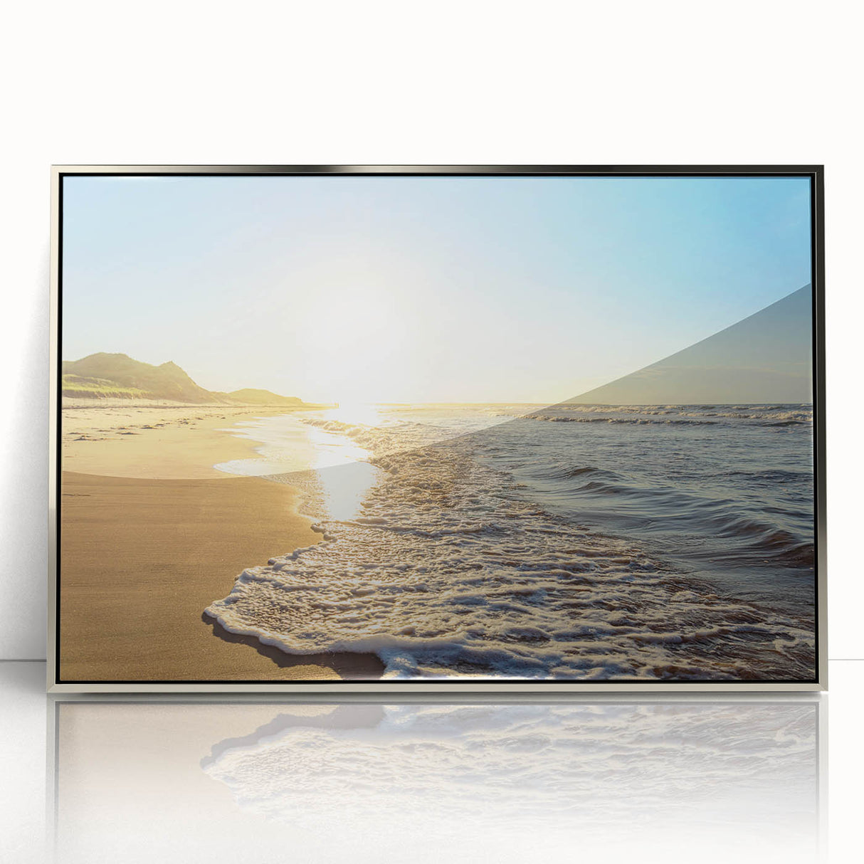 Mid-century modernist art depicting the Prince Edward Island scenery in cool blues and greens, framed acrylic.