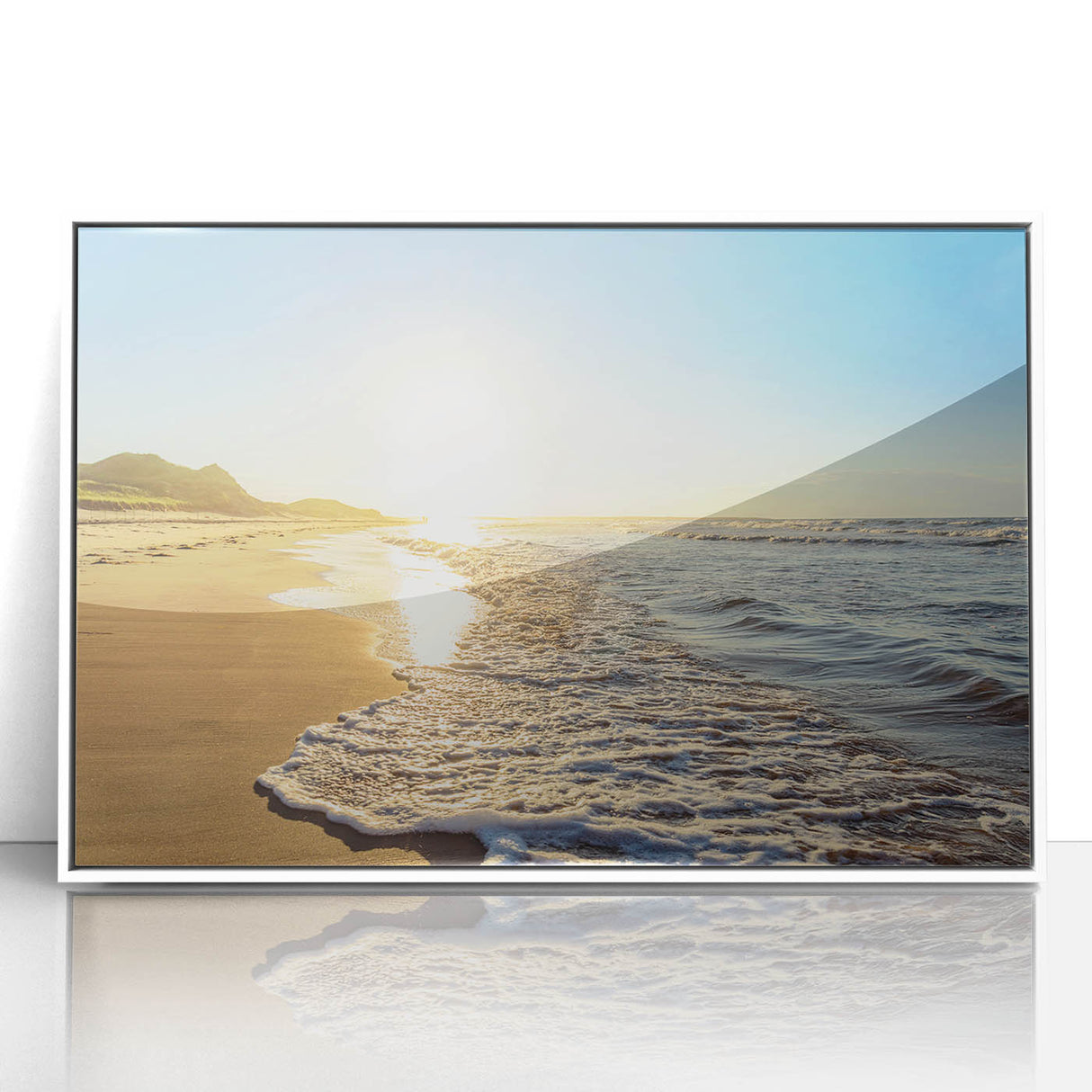 Art deco poster depicting Prince Edward Island scenery in muted blue and green tones, framed acrylic.