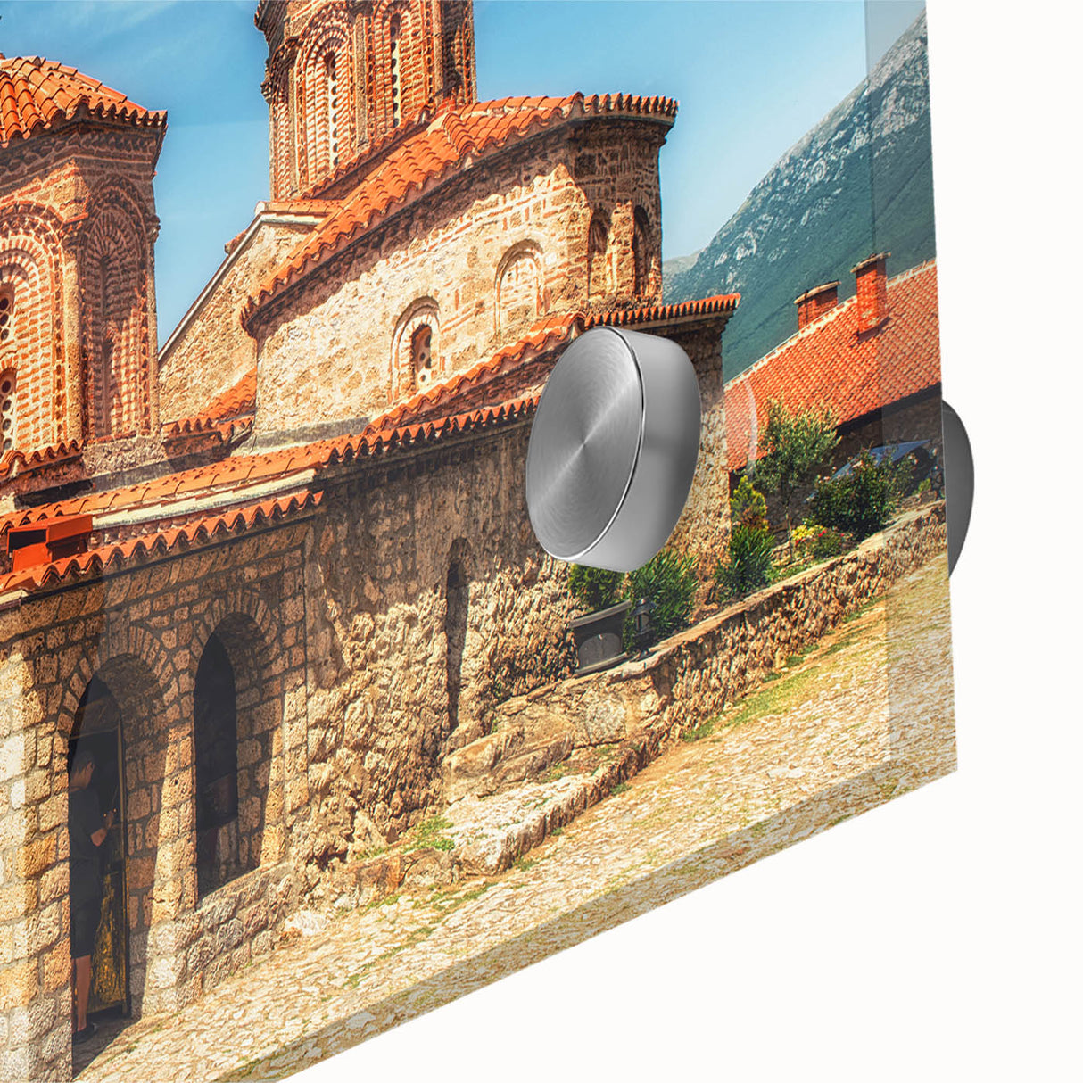 Large abstract wall art depicting a European scenery in muted earth tones on acrylic glass.