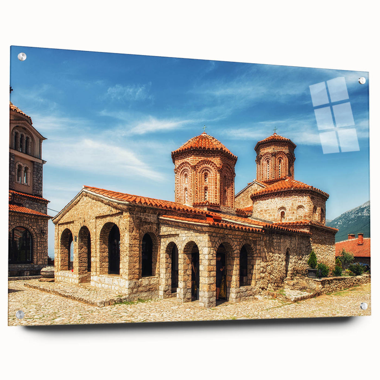 Large abstract wall art of Albanian scenery on acrylic glass, featuring muted earth tones.