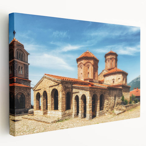 Large canvas print of a European Albanian landscape in muted earth tones, ideal for kitchen wall art.
