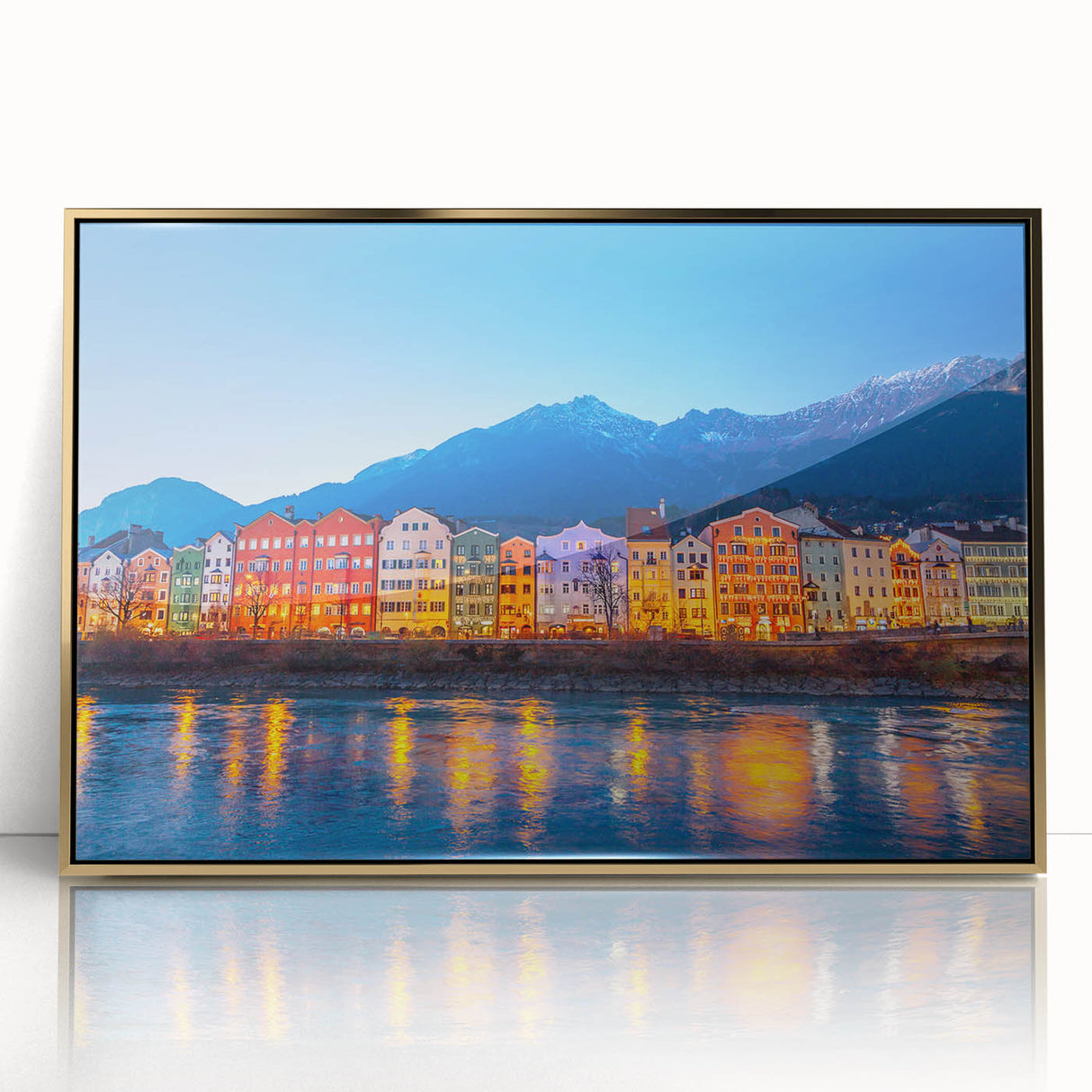 Art deco style poster of a European scenery in Austria with muted gold tones on acrylic, ideal for modern art wall decor.