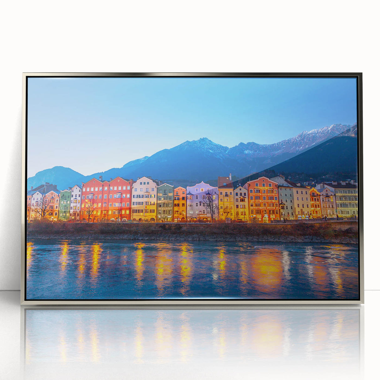 Large acrylic print of a European landscape in muted earth tones, framed in silver, suitable for modern art wall decor.