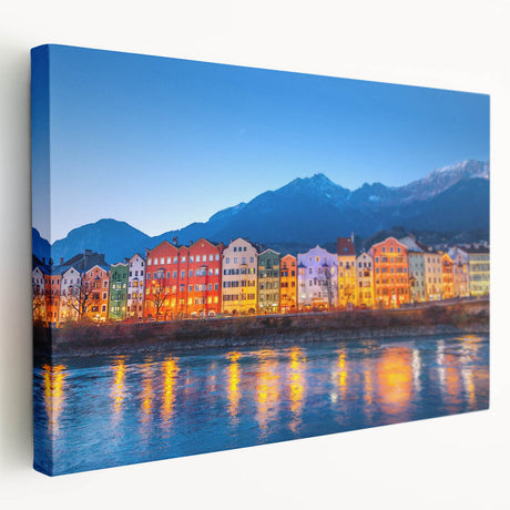 Large art print of a European Austrian landscape on stretched canvas, featuring muted green and blue tones.