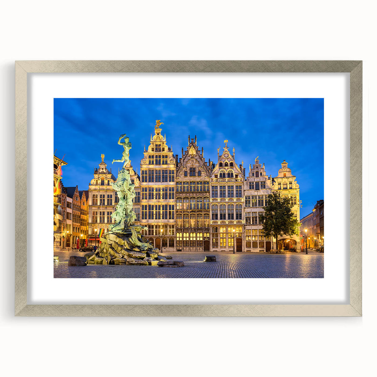 Extra large abstract art print of a textured European scenery in silver frame, ideal for living room decor.