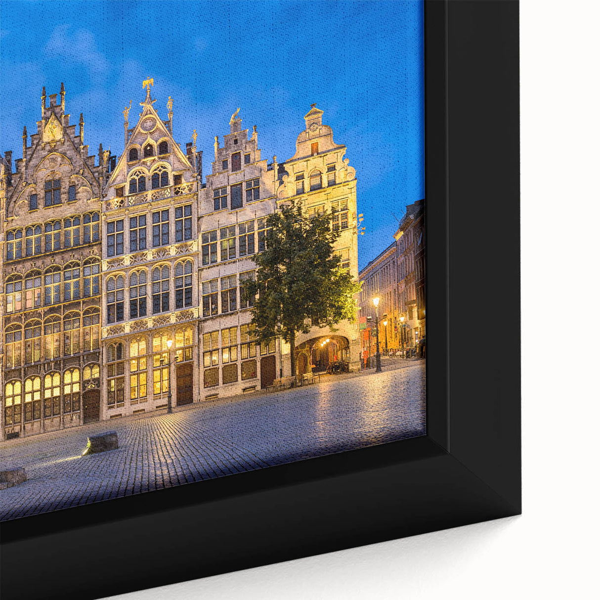 Extra large framed canvas of a textured, colorful European scenery in black, ideal for living room decor.