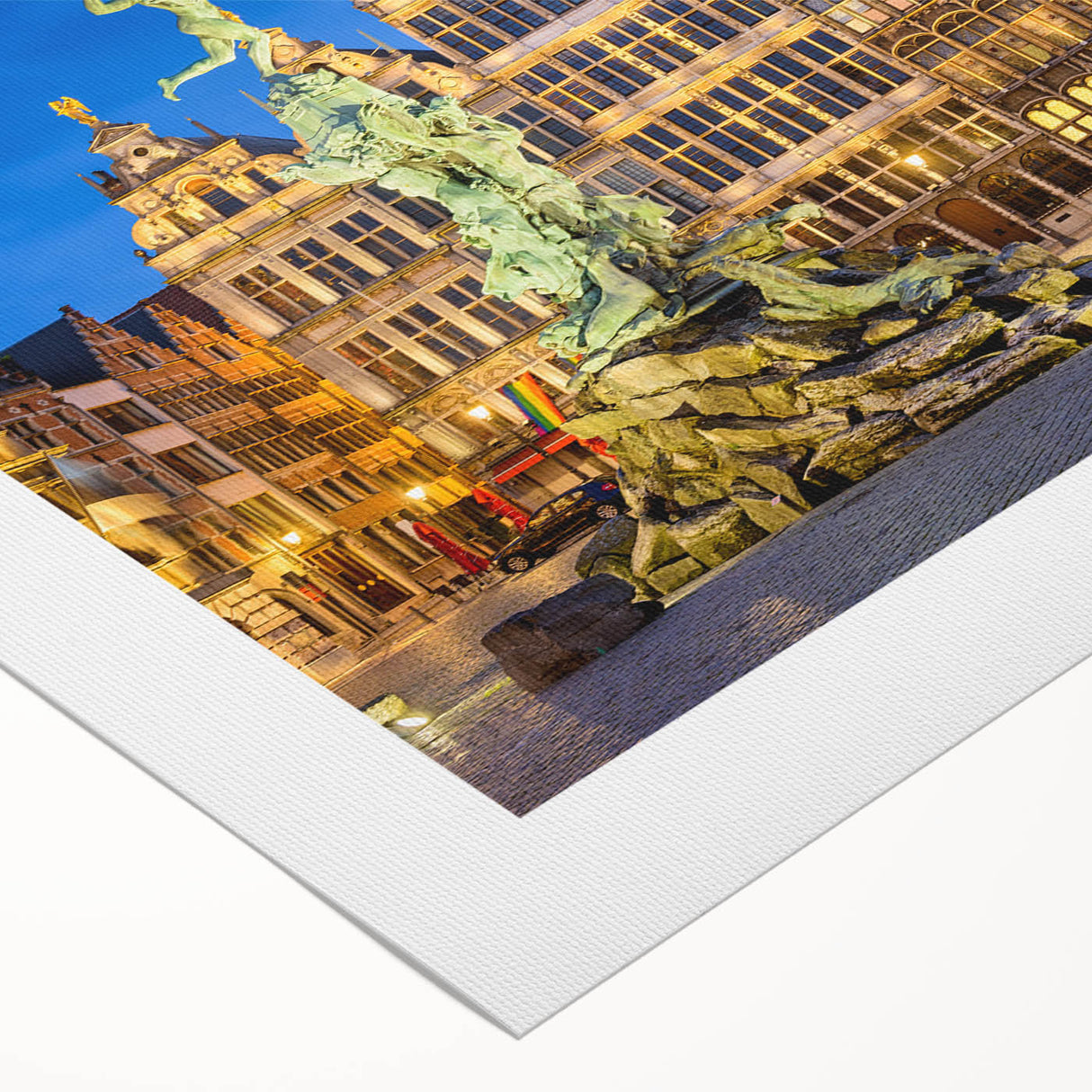 Art deco poster of a European Belgian landscape in muted earth tones on rolled canvas, ideal for dining room decor.