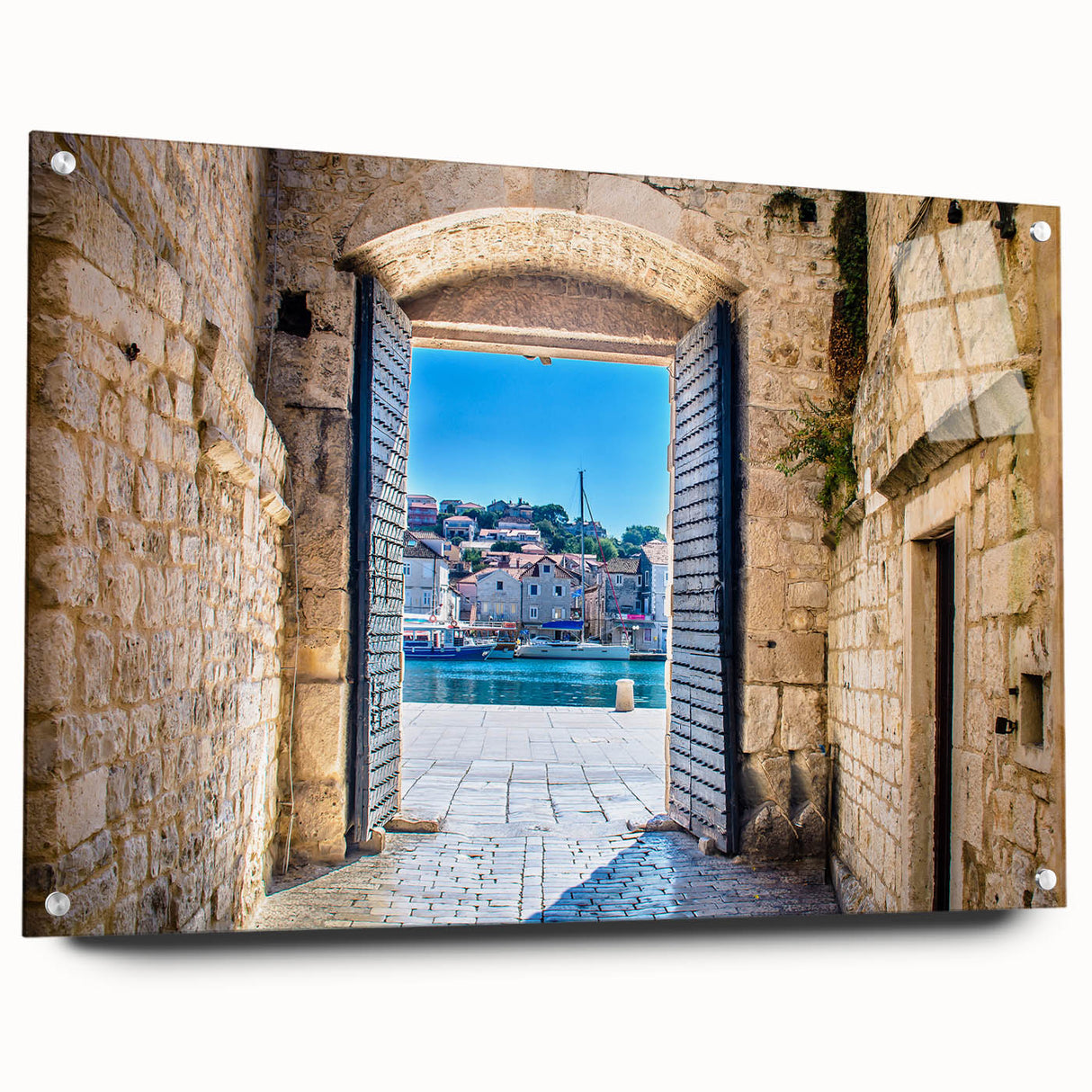 Acrylic print of a Croatian landscape in muted earth tones, ideal for dining room decor.