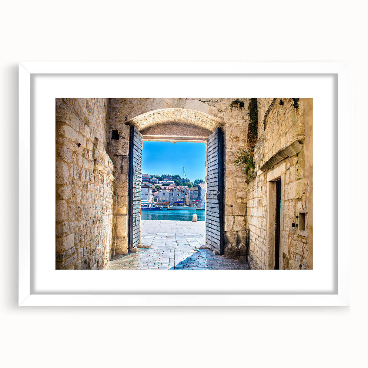 Textured abstract art print of a Croatian landscape in muted earth tones, framed with a white mat.