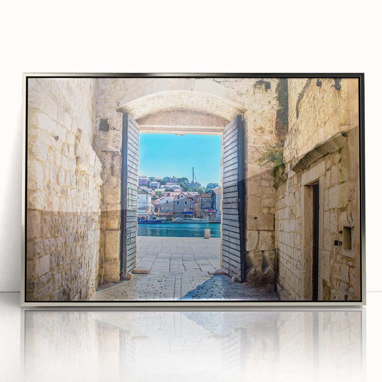 Large art print of a Croatian landscape in muted earth tones on a framed acrylic, ideal for modern art wall decor.