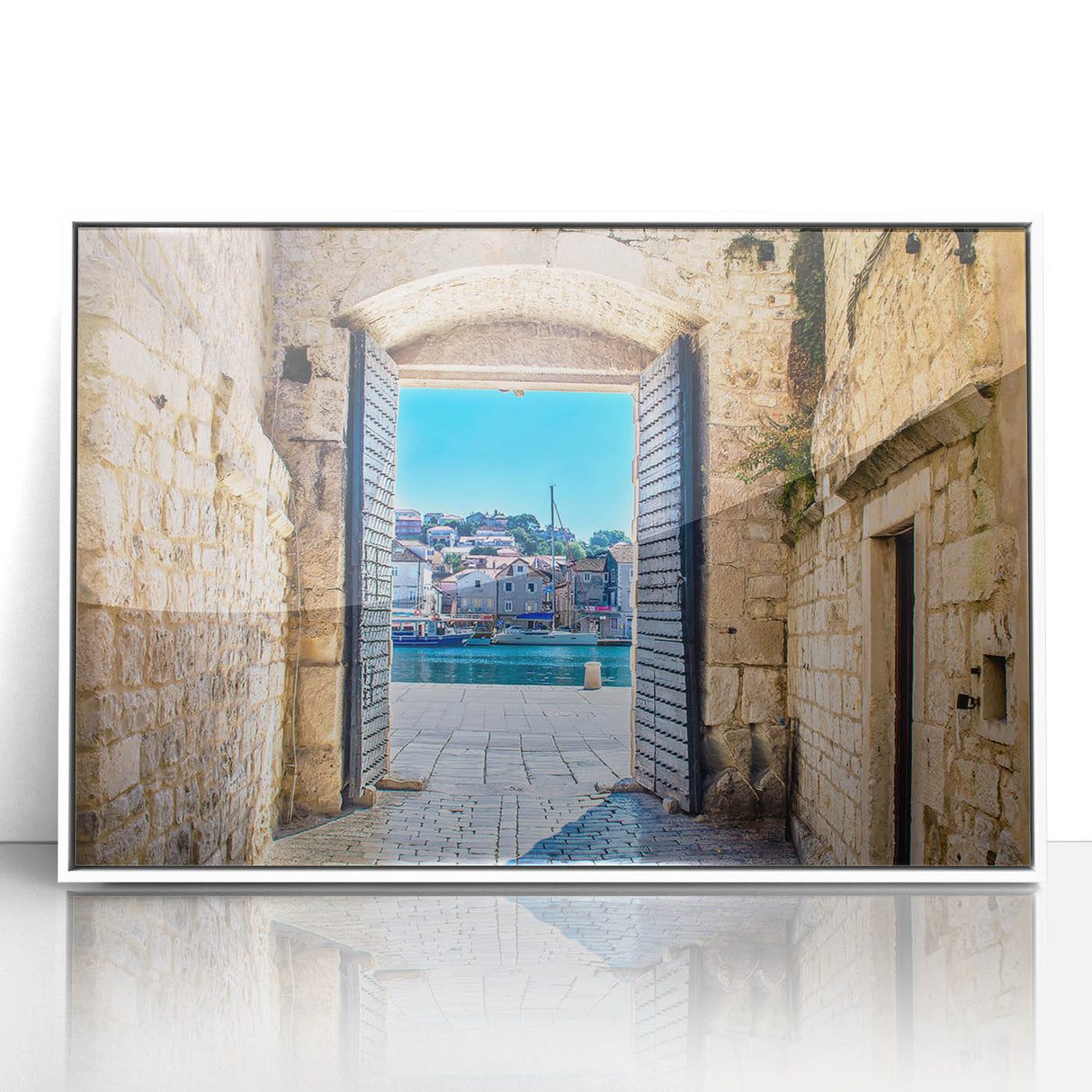 Mid-century modernist art depicting a European Croatian landscape, framed in white acrylic, suitable for nursery wall art.