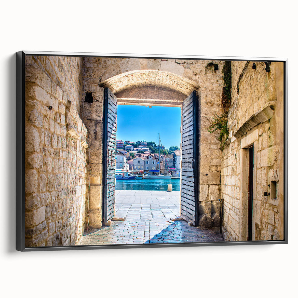Black and white framed canvas of a vintage Croatian landscape, ideal for bedroom wall decor.