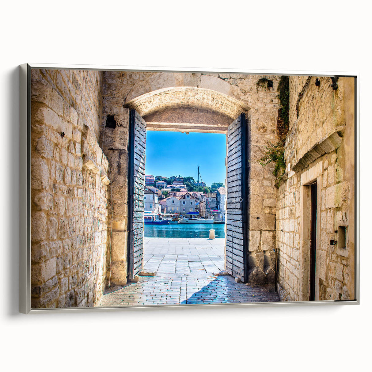 Landscape art painting of a Croatian scenery on framed canvas, featuring colorful art in a vintage poster style.