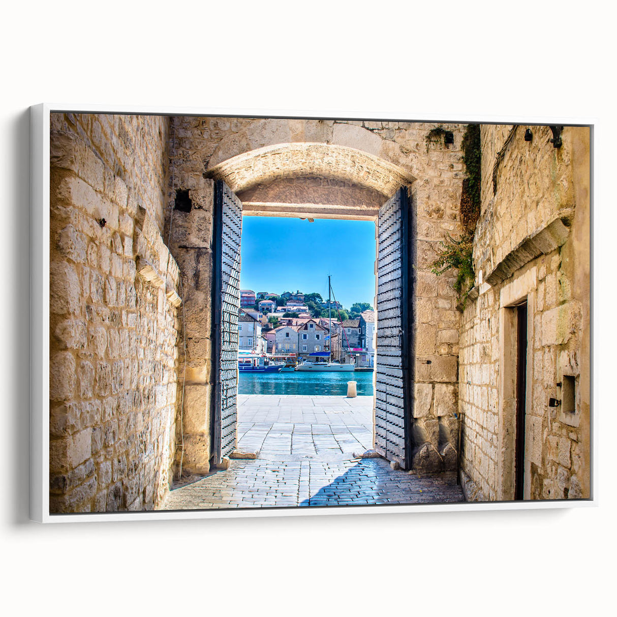 Vintage poster art of a Croatian landscape on framed canvas, featuring vibrant colors, ideal for living room decor.