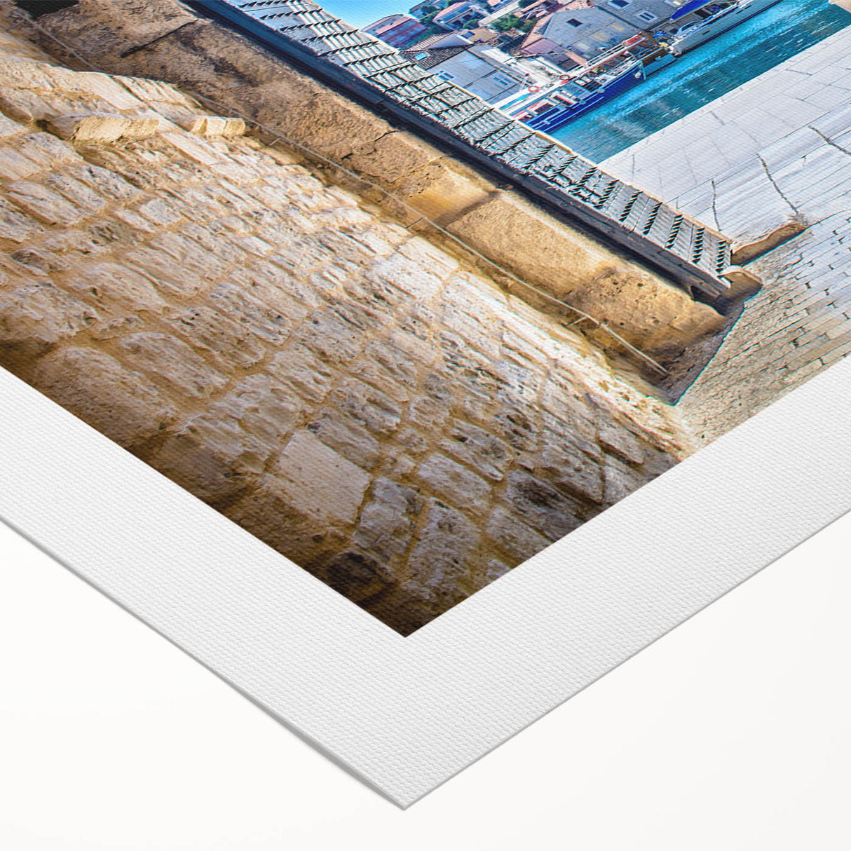 Art deco poster of a Croatian coastal town, featuring muted earth tones on rolled canvas, suitable for dining room decor.