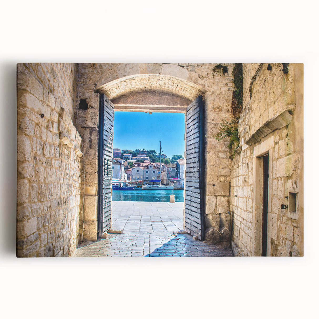 Black and white photo of a Croatian coastal town on stretched canvas, ideal for kitchen wall art.