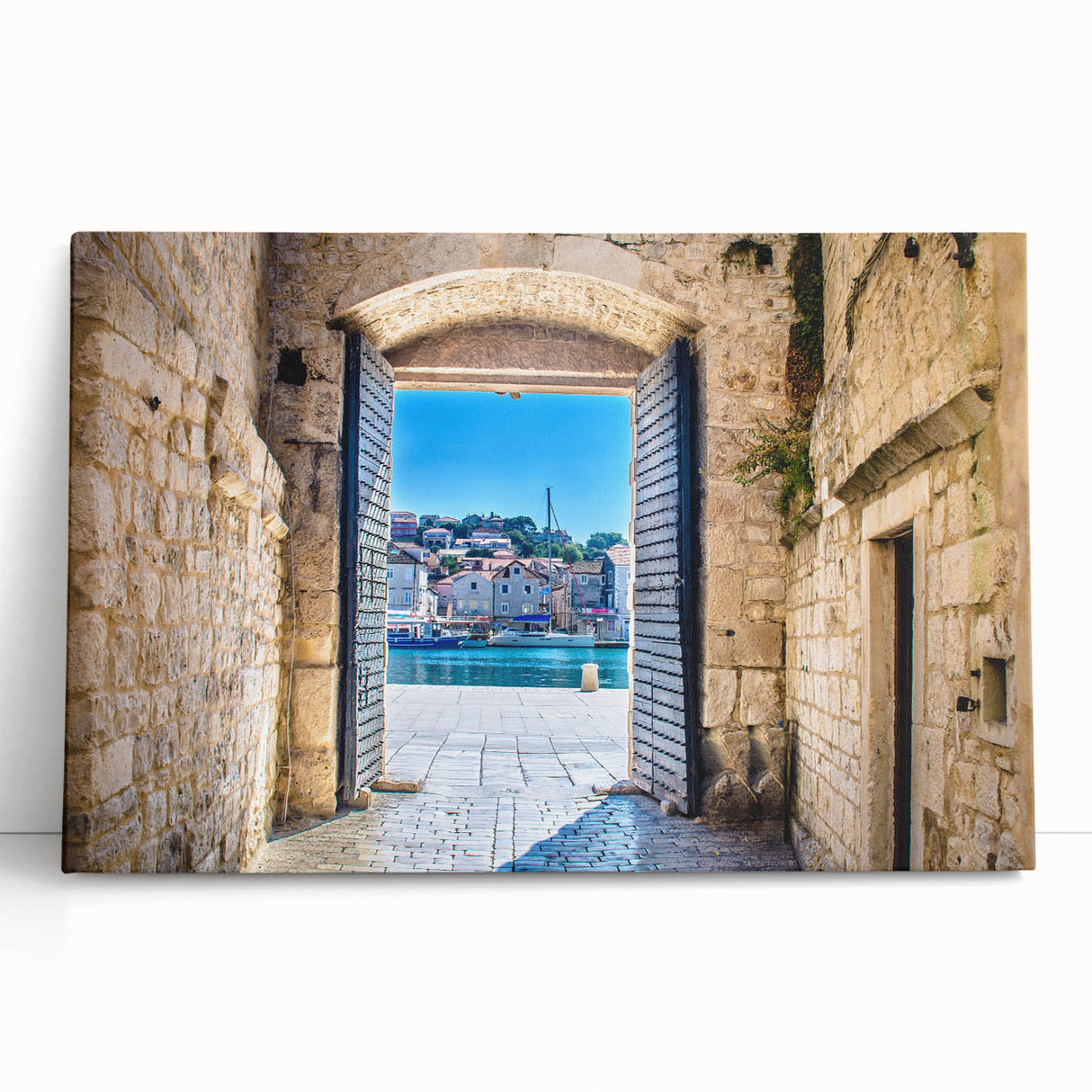 Black and white large art print of a Croatian landscape on stretched canvas, ideal for kitchen wall art.