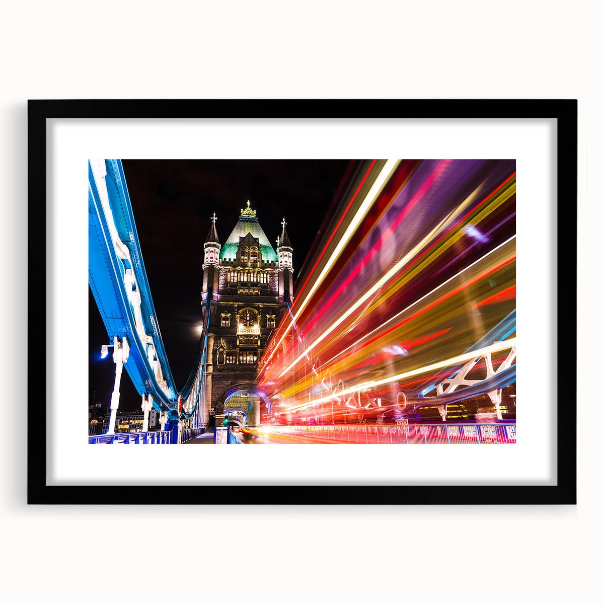 Abstract art print of London skyline in vibrant, colorful hues on a large black-framed canvas, ideal for living room decor.