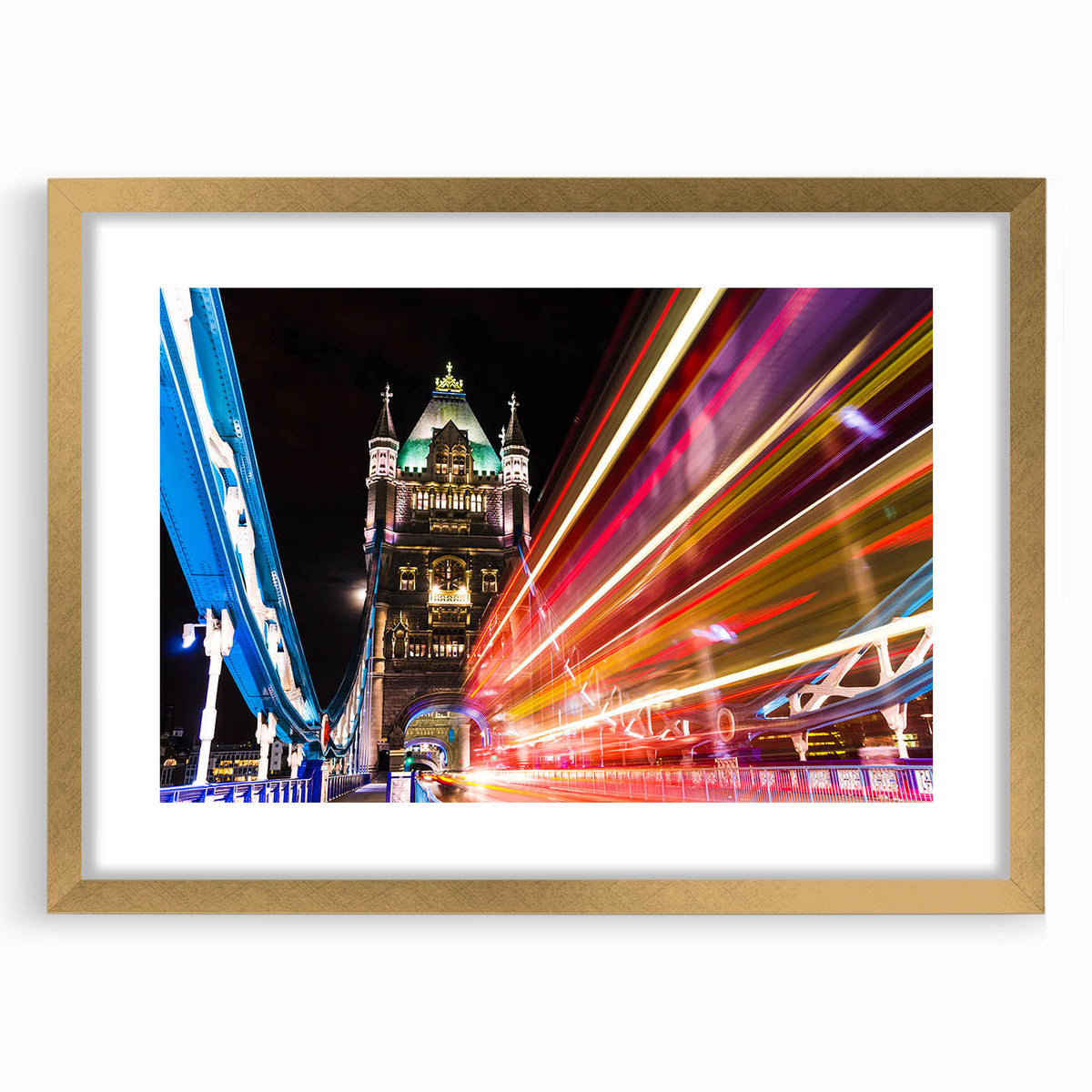 Abstract art print of London scenery in muted gold and blue tones, framed with a gold mat, suitable for dining room decor.