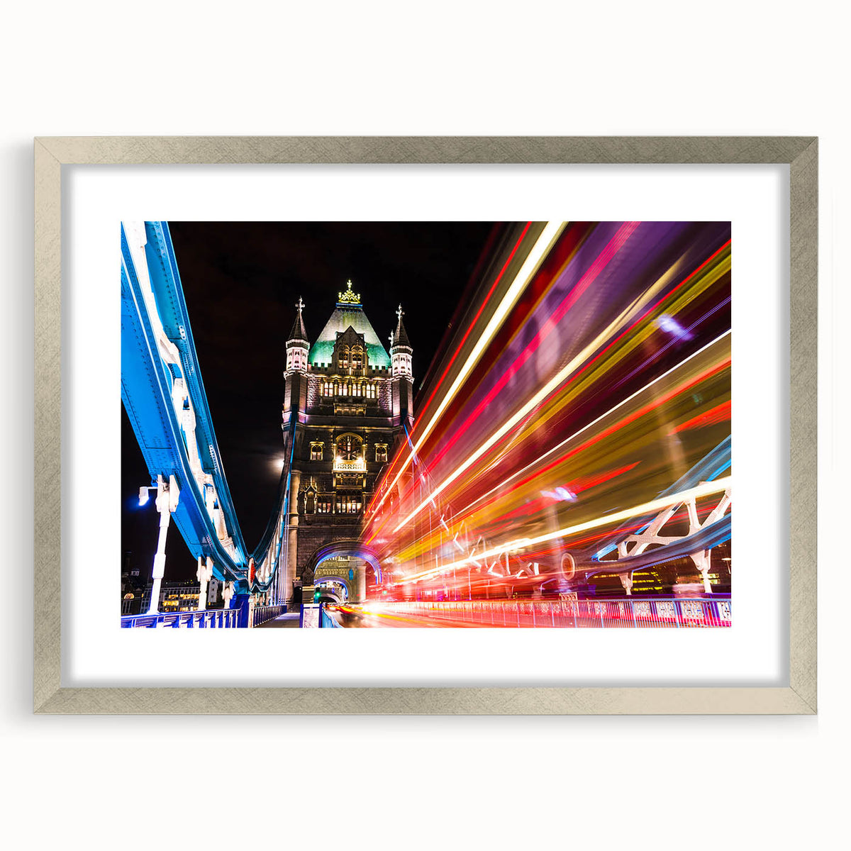 Extra large abstract art print of London scenery in silver frame, ideal for living room wall decor.