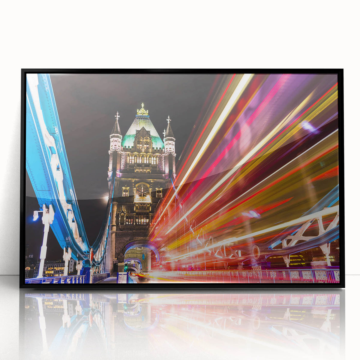 Large abstract wall art of London scenery in muted gray and blue tones, framed in black acrylic.