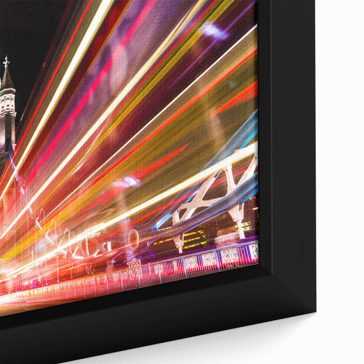 Extra large framed canvas featuring a textured depiction of the London skyline in black with colorful highlights.