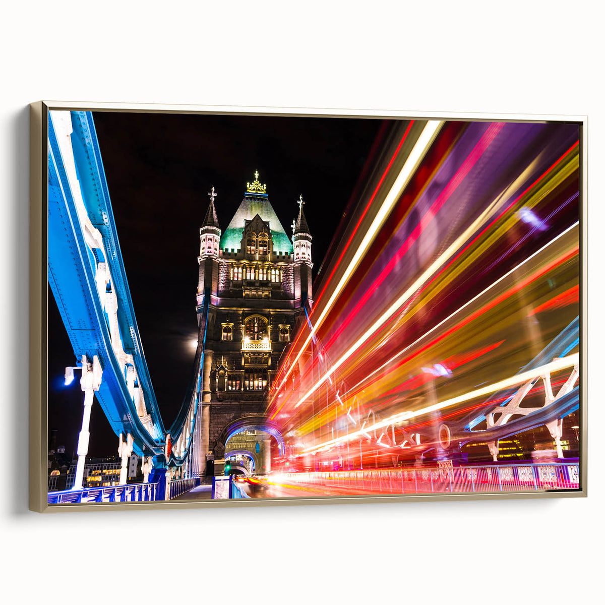 Framed canvas of a vintage-style London landscape in black and gold tones, suitable for bedroom decor.