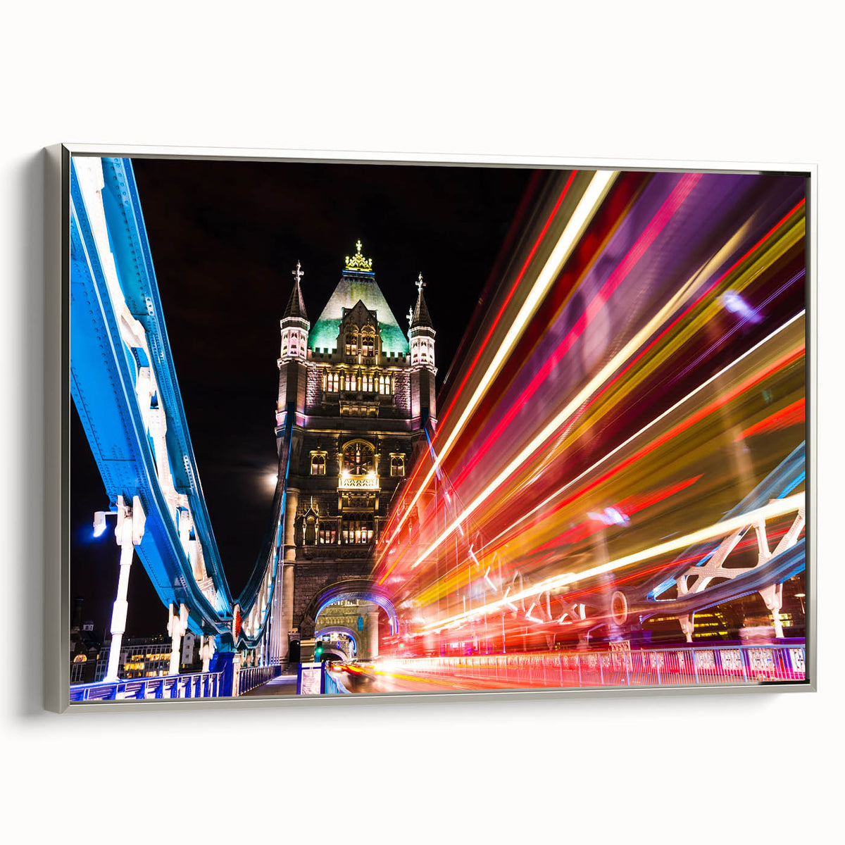 Framed canvas featuring a vintage-style London landscape with colorful art elements and a black border.