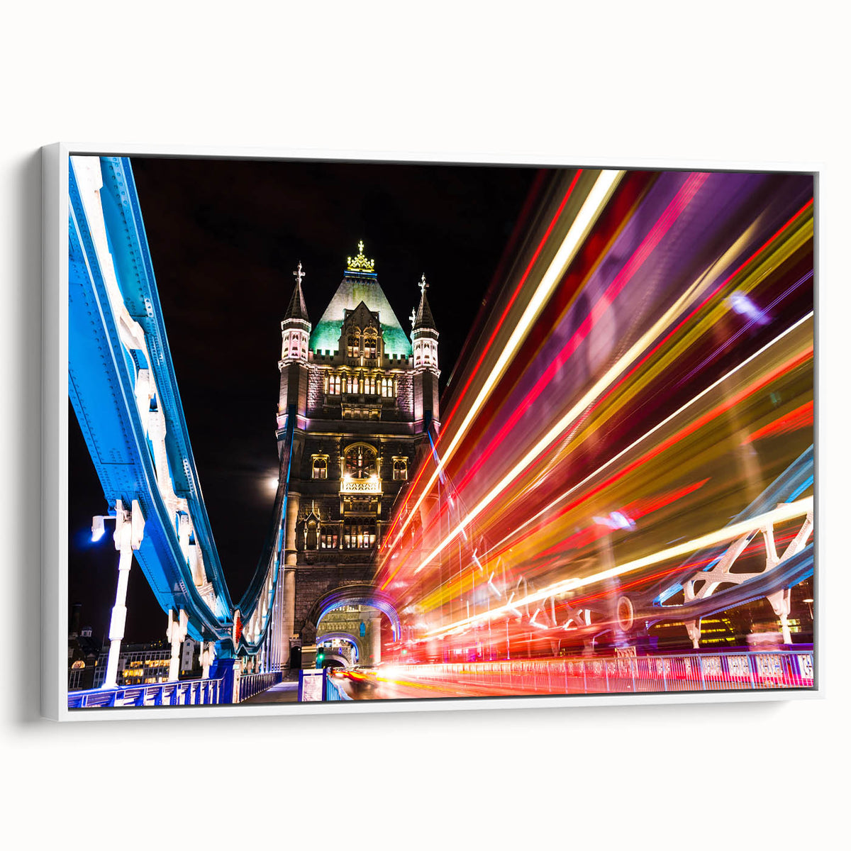 Vintage poster art of London featuring colorful landmarks on extra large framed canvas, ideal for living room decor.