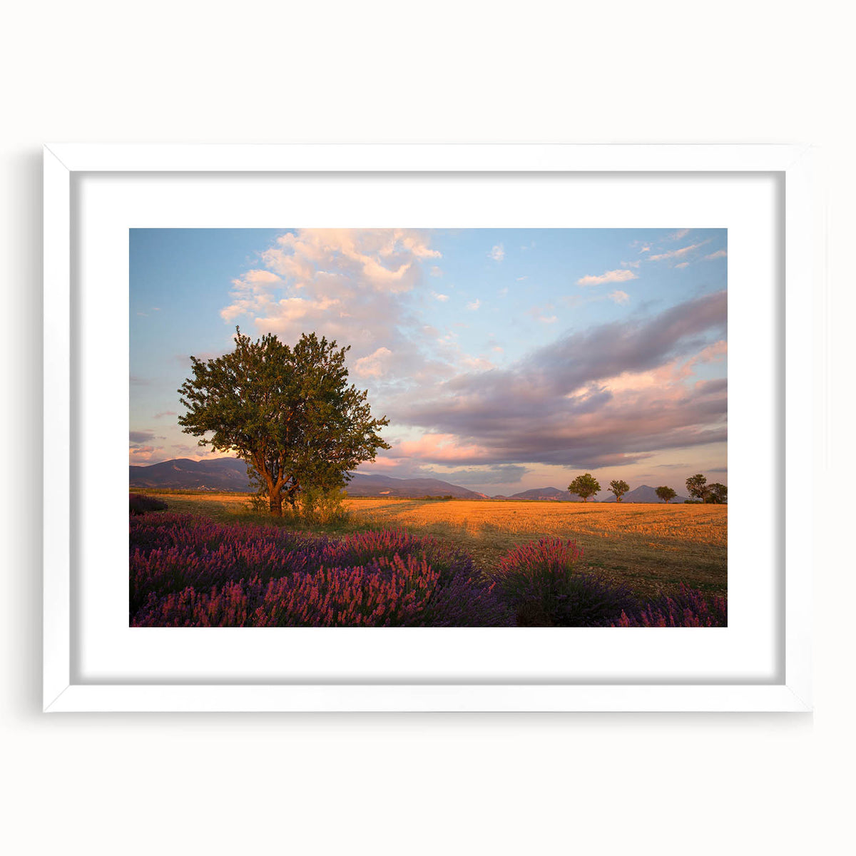 Textured abstract art print depicting a serene French landscape in muted earth tones, framed with a white mat.