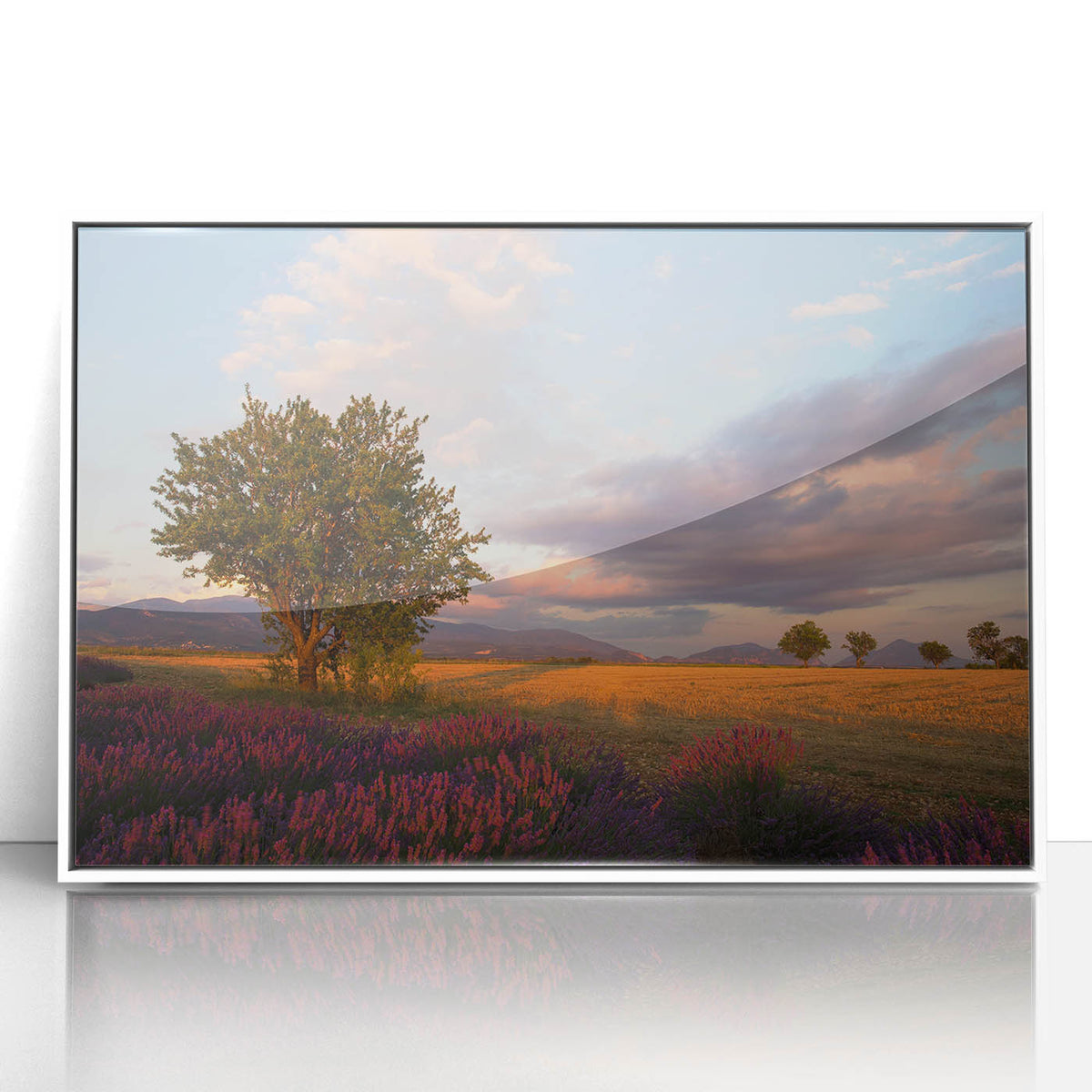 Mid-century modernist art depicting a serene South France landscape in muted pastel shades on a white framed acrylic print.