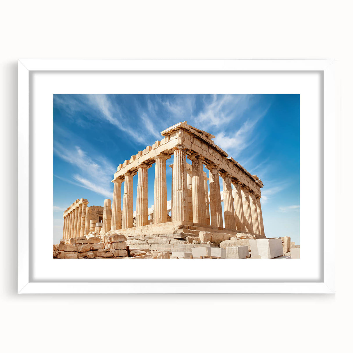 Textured abstract art print of Athens scenery in muted earth tones, framed with a white mat, ideal for bedroom wall decor.