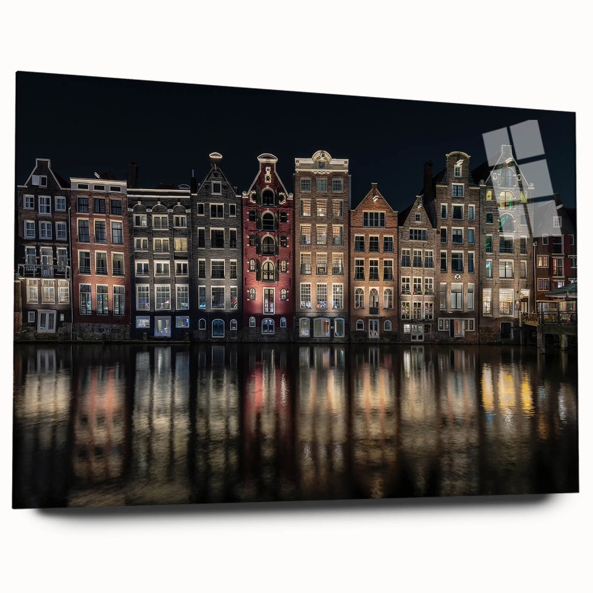Acrylic print of Amsterdam canal scene in muted earth tones, suitable for bedroom or dining room decor.