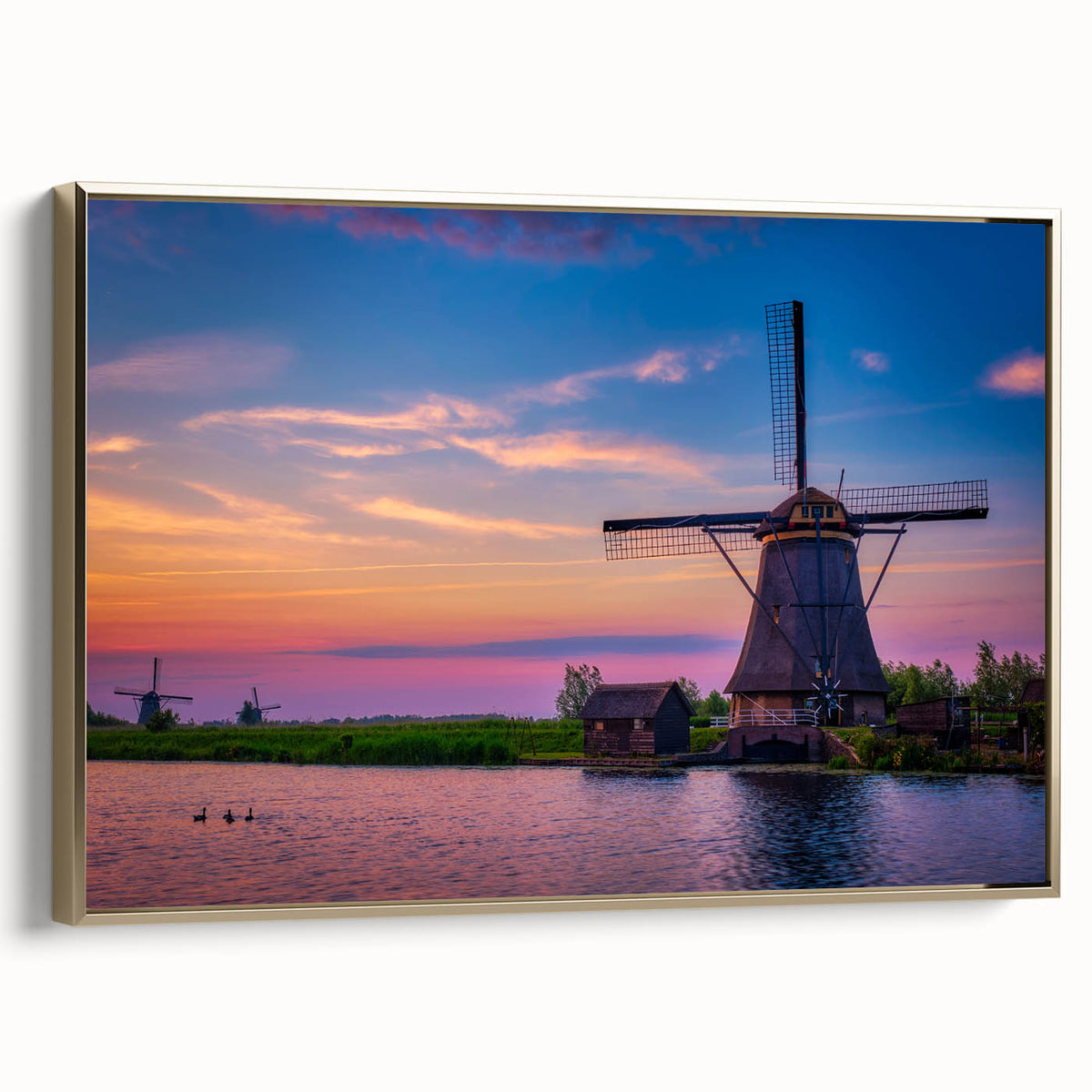 Framed canvas depicting a vintage European landscape in muted gold and black tones, suitable for bedroom decor.