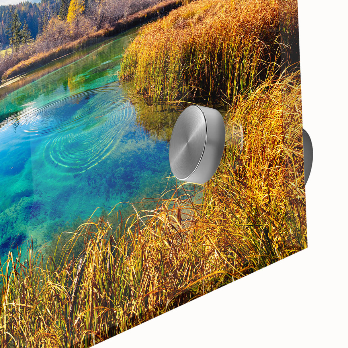 Mid-century modernist abstract of a Slovenian landscape in cool blue and green tones on acrylic glass.