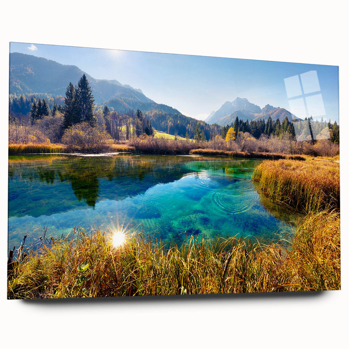 Large abstract wall art featuring a Slovenian landscape in muted green and blue tones on acrylic glass.