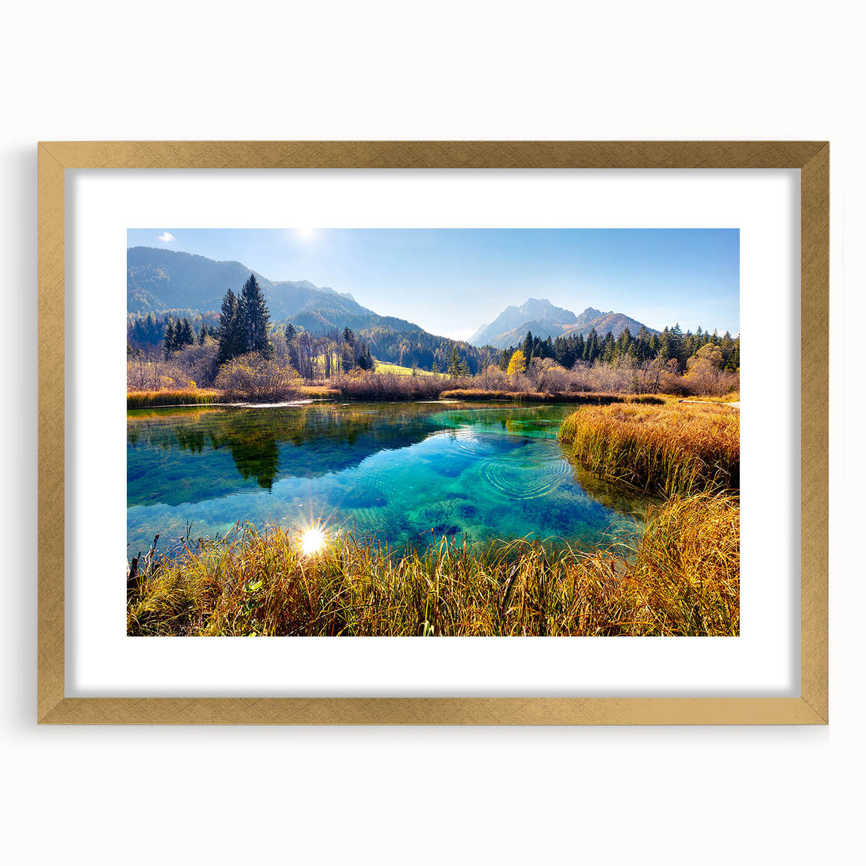 Textured abstract art print of a European scenery in muted earth tones, framed in gold, ideal for bedroom art.