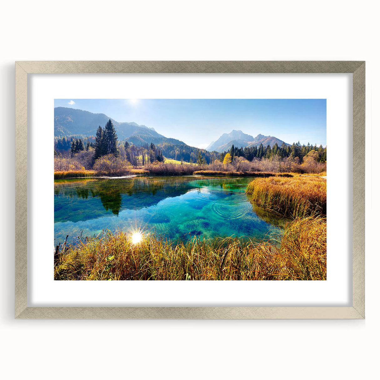 Abstract art print of a Slovenian landscape in muted green and blue tones on a framed canvas, ideal for dining room decor.