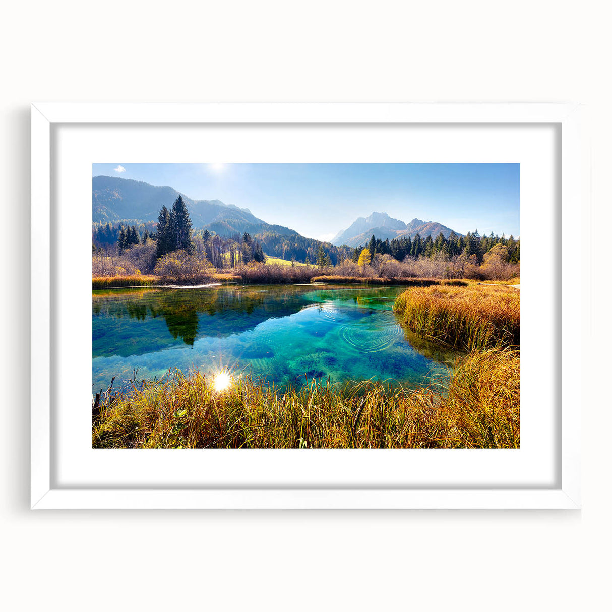 Extra large abstract art print of a Slovenian landscape in textured hues of green and blue, framed with a white mat.