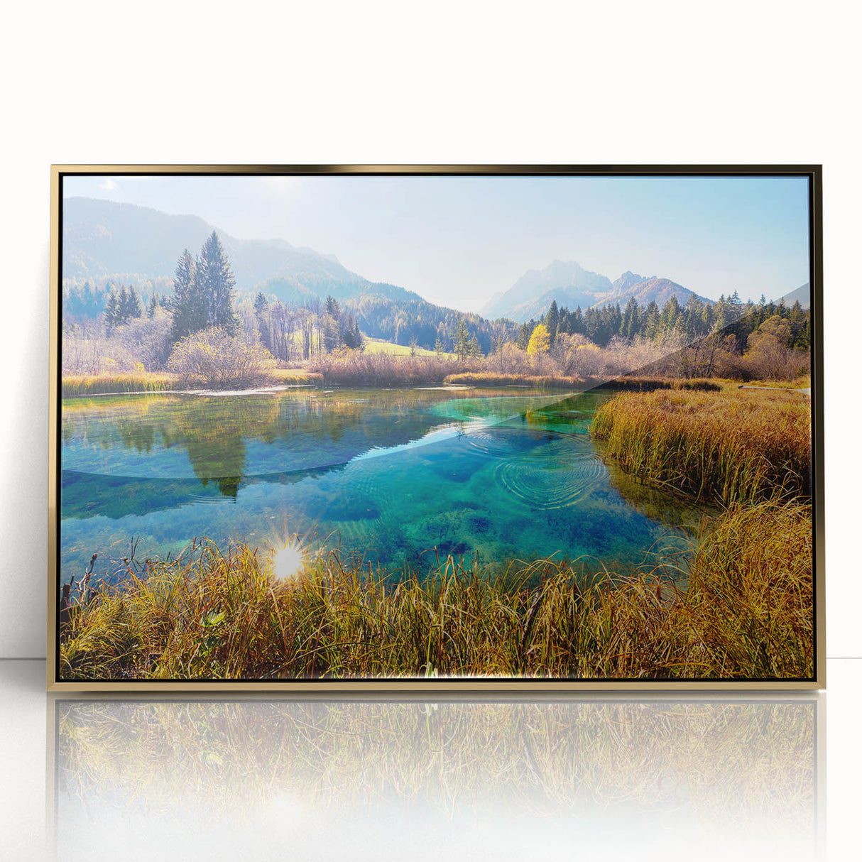 Mid-century modernist art depicting a Slovenian landscape in muted earth tones on a framed acrylic panel.