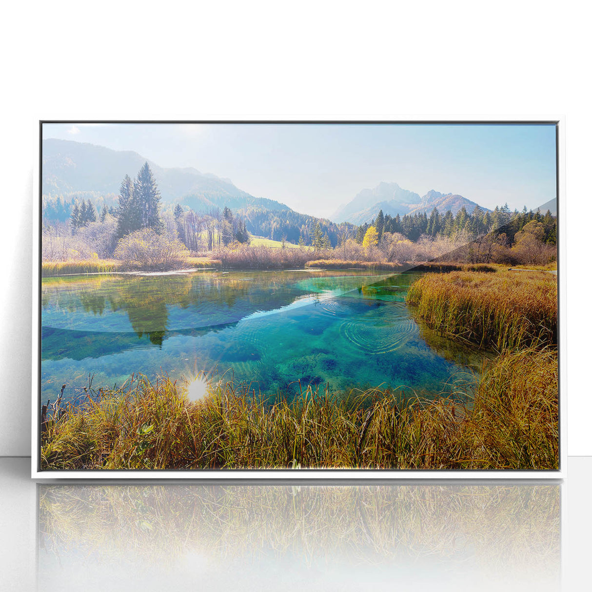 Large art print of a Slovenian landscape in mid-century modernist style, framed in white acrylic.