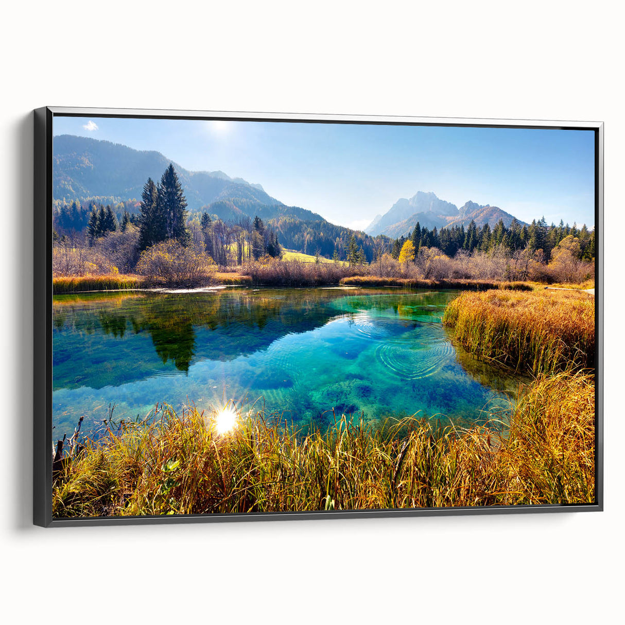 Black and white framed canvas of a Slovenian landscape, ideal for bedroom wall decor.