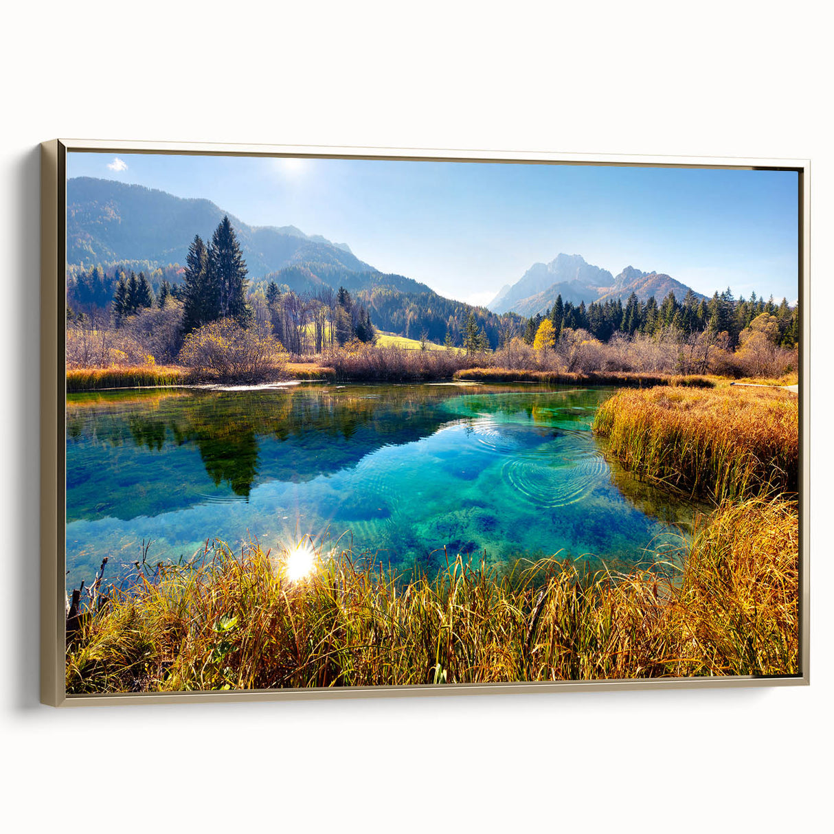 Landscape art painting of a Slovenian scenery on a framed canvas, featuring vibrant colors with a vintage poster style.