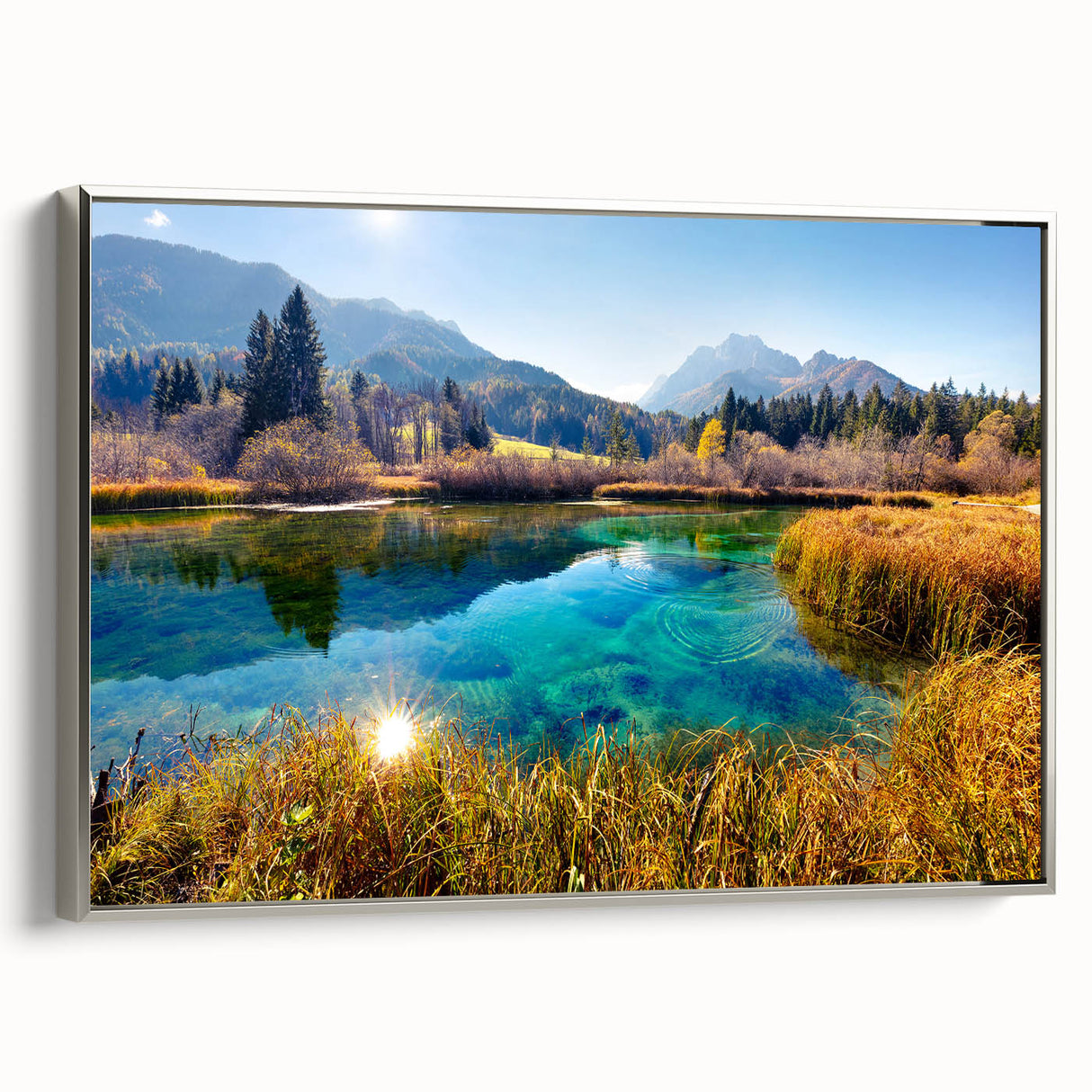 Vintage poster art of a scenic European landscape on a framed canvas, featuring a blend of colorful art in muted tones.