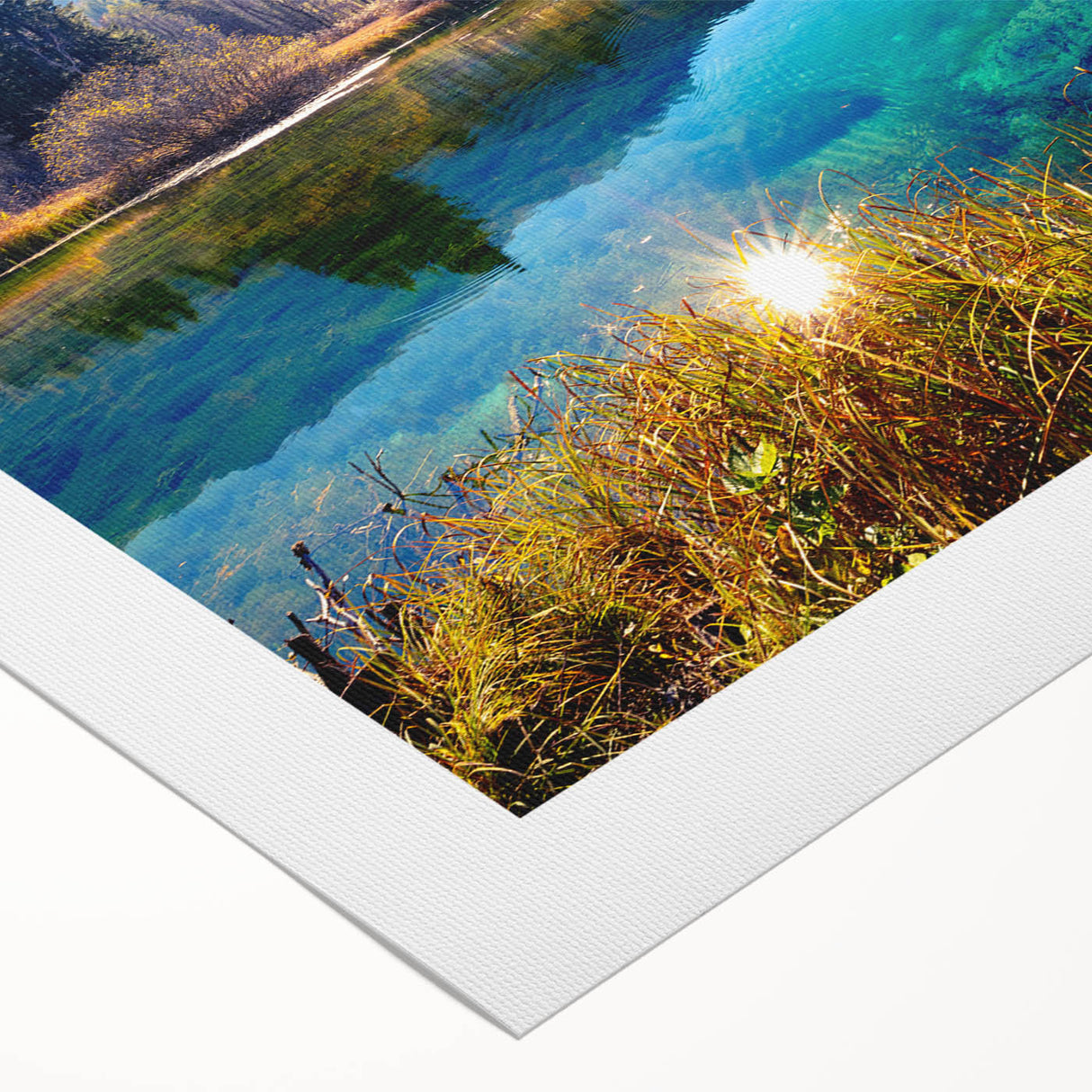 Art deco poster featuring a serene Slovenian landscape in muted green and blue tones on rolled canvas.