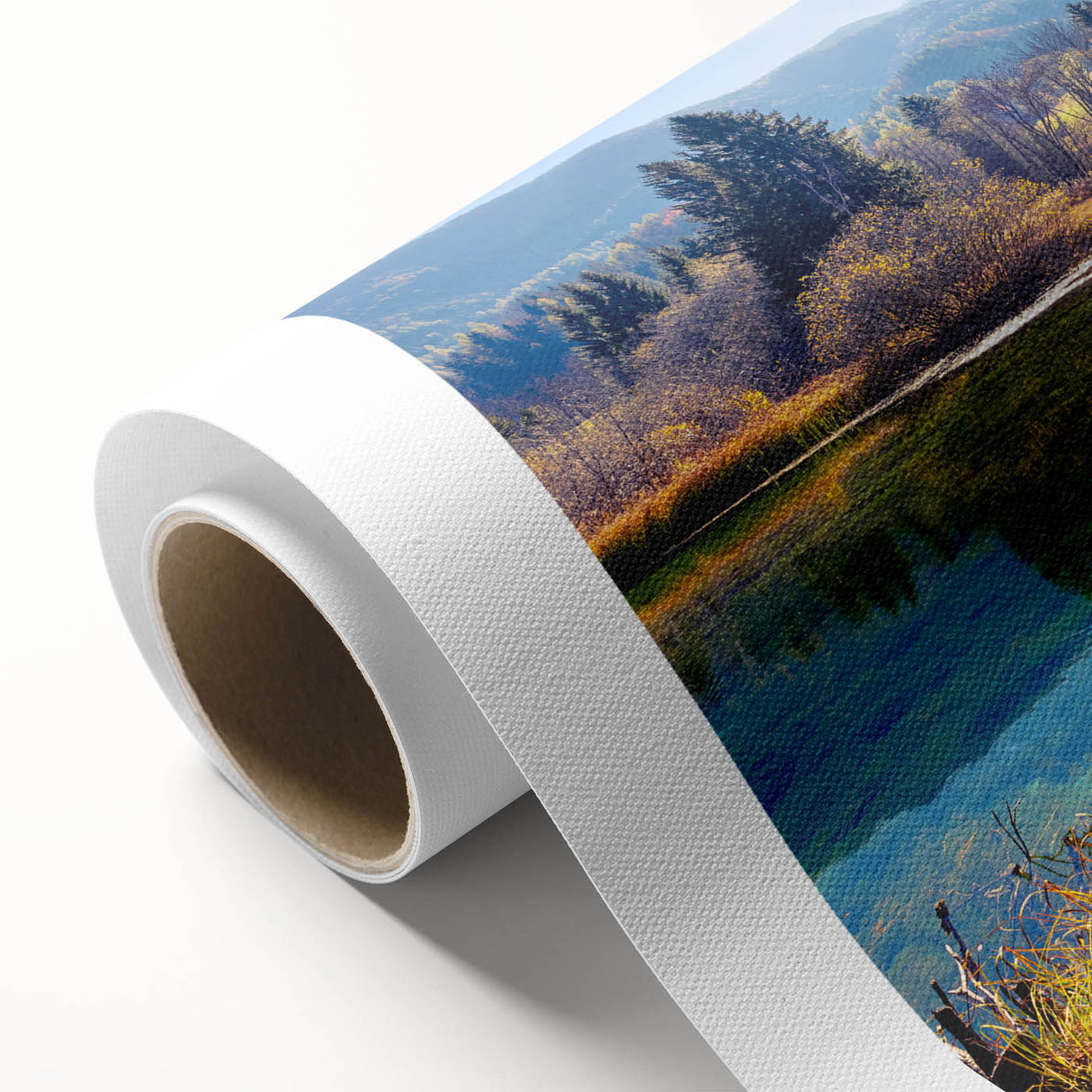 Art deco poster of a Slovenian landscape on rolled canvas, featuring soft pastel hues, ideal for nursery wall art.