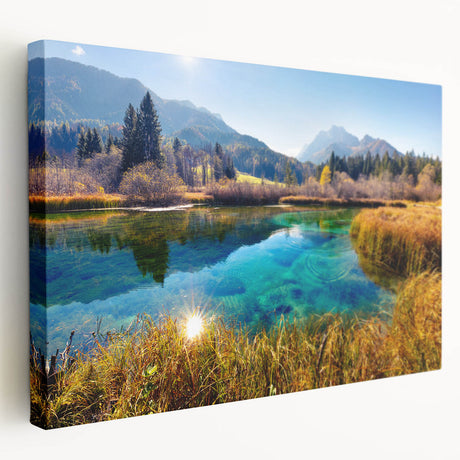 Landscape painting of Slovenia on a stretched canvas, featuring vivid green and blue tones, suitable for kitchen wall art.