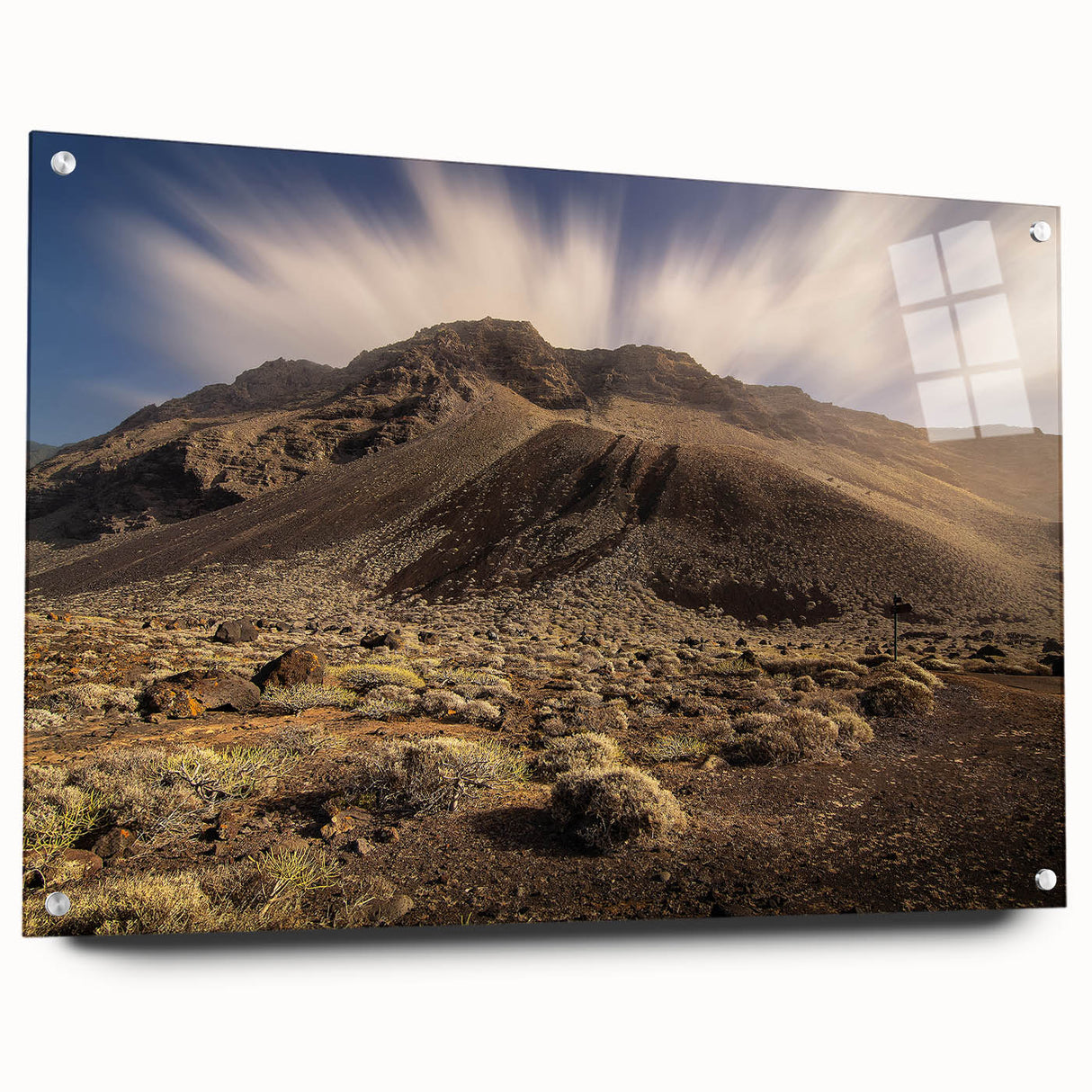 Large abstract wall art of a European scenery in muted blue and green, printed on acrylic glass.